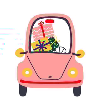 Greeting postcard with retro cartoon car. Pink car with shopping and gifts for Christmas. Illustration for card, cover, t shirt, bag. vector