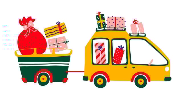 Noel postcard with retro cartoon minivan with trailer. Car with sack, shopping and gifts for Christmas. Illustration for card, cover, t shirt, bag. vector