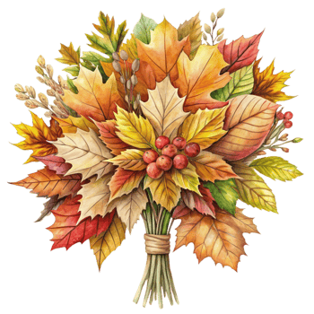 Autumn leaves bouquet with red berries, vibrant fall foliage, thanksgiving decor, seasonal harvest, colorful nature design, festive autumnal arrangement, rustic elegance png