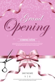 grand opening greeting card, pink ribbon and background, feminine theme. vector