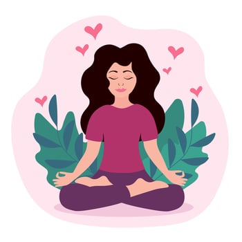 Beautiful girl doing yoga with leaves and hearts. International yoga day. Flat Illustration. vector