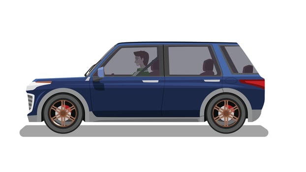 or llustration of detailed side of flat SUV car with driving man. Cartoon car blue color. Shadow of car on isolated white background. vector