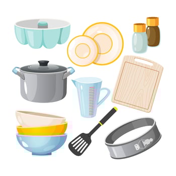 Collection of different kitchen utensils isolated on white background vector