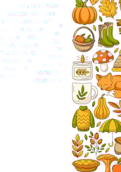 Autumn vertical a4 poster, space for text. Colorful right side border frame with fall seasonal cozy elements. For card, banner, invitation, social media, festival or planner. vector