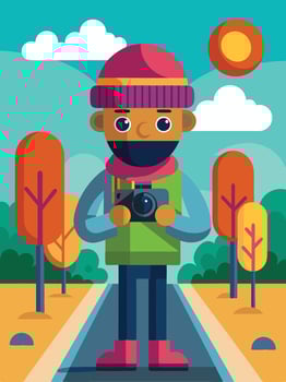 Photographer in Colorful Beanie Captures Serenity on Tree-Lined, Quiet Road vector