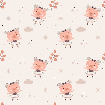 Cute pattern in Scandinavian, boho, minimalism style in beige neutral pastel colors.Pig and clouds, animals.Decor for the nursery, baby shower, textiles vector