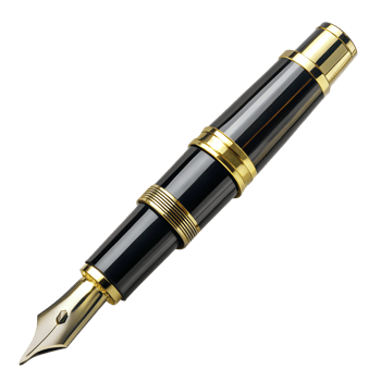 Black and gold fountain pen close-up, cut out transparent png