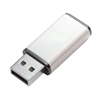 Metallic USB flash drive with white body, cut out transparent png
