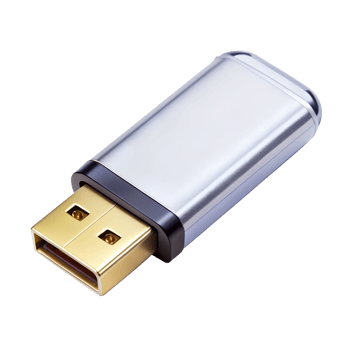Close-up of a silver USB flash drive, isolated, cut out transparent png