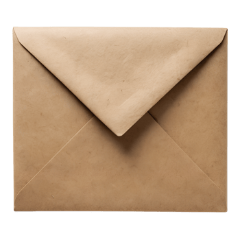 Brown kraft paper envelope front view, cut out transparent png