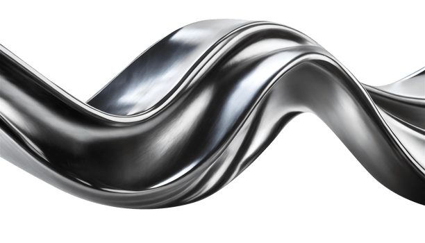 Abstract fluid metal bent form. Metallic shiny curved wave in motion. Cut out design element steel texture effect. png