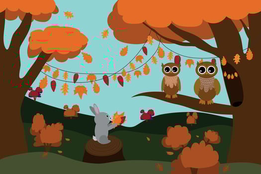 Owls in the autumn forest. the bunny gives the collected leaves to the owls. vector