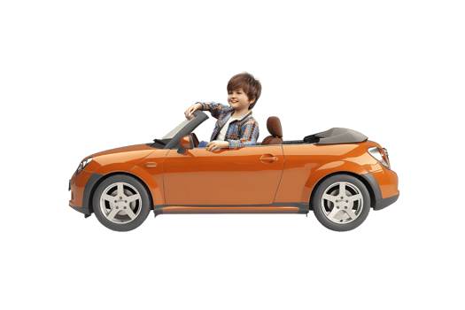 Young boy driving a convertible car. Isolated on transparent background png