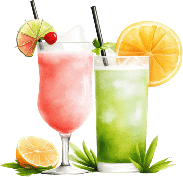 Vibrant Pair of Tropical Beverages with Citrus Garnishes png