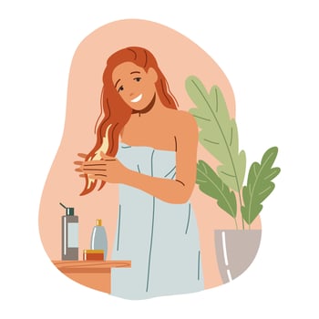 Positive woman spreading lotion on red hair after shower flat color illustration. Lady taking care of herself in home bathroom concept icon on white vector