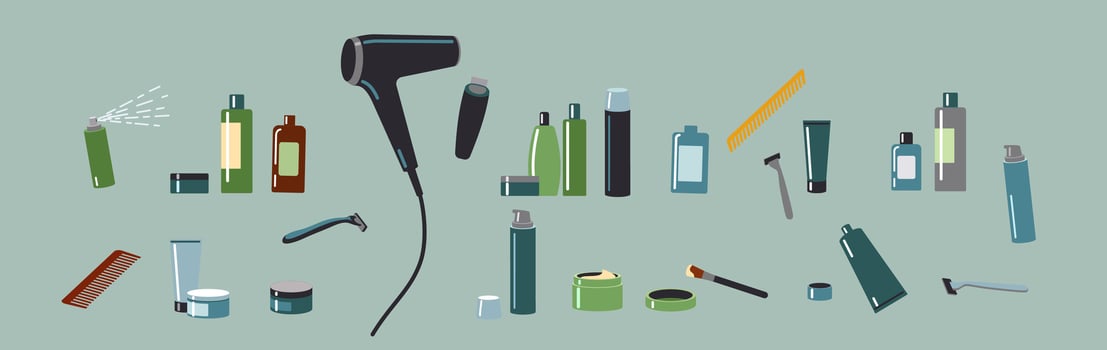 Cosmetic products and beauty supplies 2D cartoon objects set. Skincare treatment remedies and tools flat line elements green background vector