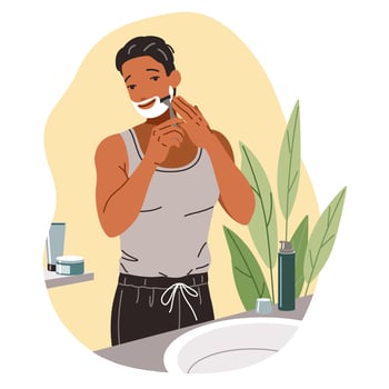 Latin American man shaving with blade flat color illustration. Handsome male removes facial bristle in bathroom concept icon on white vector