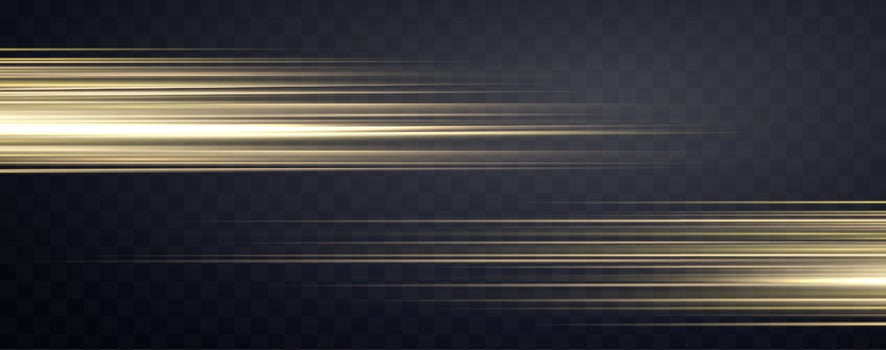 Speed rays, velocity light neon flow, zoom in motion effect, gold glow speed lines, colorful light trails, stripes. vector