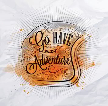 Tourist poster with lettering Go have an adventure on the motorcycle helmet in vintage style with orange brush strokes on crumpled paper vector