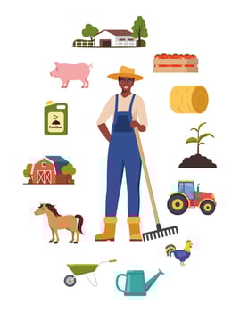 Farmer character and different farm elements. Black woman farmer, barn, horse, fertilizer, haystack, cart, crop, pitchfork, watering can, plant. Set of elements on farm theme. illustration. vector