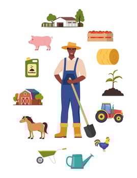 Farmer character and different farm elements. Black man farmer, barn, pig, fertilizer, haystack, cart, crop, pitchfork, watering can, plant. Set of elements on farm theme. illustration. vector