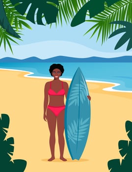 Young black woman surfer with surfboard standing on the beach. Smiling surfer girl. illustration. vector