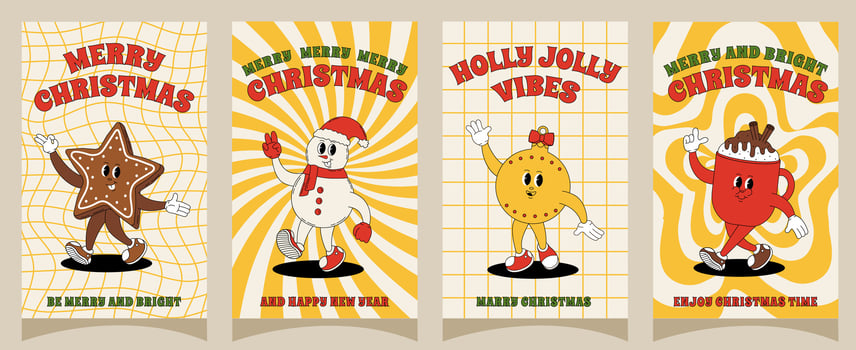 Groovy retro Merry Christmas and Happy New year posters. Set of christmas characters for posters, party invitations, greeting cards, stories template, postcard, prints in groovy style. vector