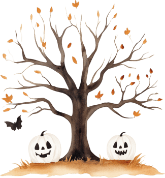 Whimsical Halloween Scene with Pumpkin Lanterns and Barren Tree png