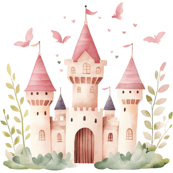 Whimsical Fairytale Castle with Pink Towers and Fluttering Butterflies png