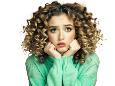 Young woman with curly hair looking worried png