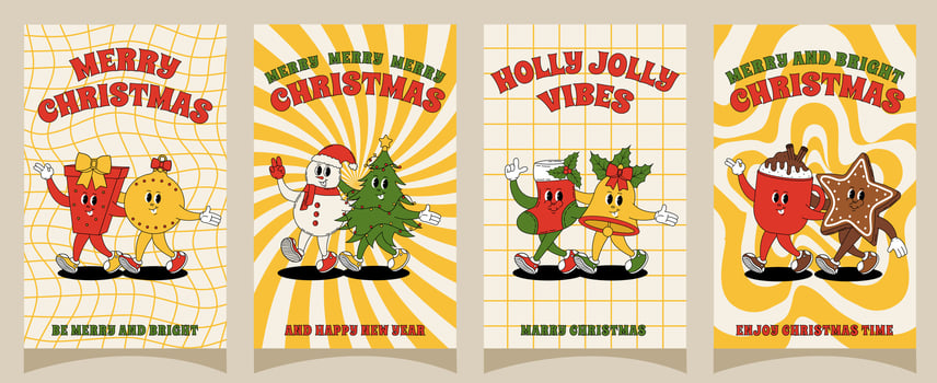 Groovy retro Merry Christmas and Happy New year posters. Set of christmas characters for posters, party invitations, greeting cards, stories template, postcard, prints in groovy style. vector