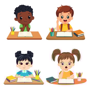 Back to school. Children at school are sitting at their desks. vector