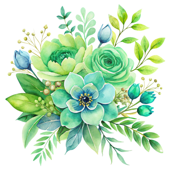 Green Colorful Watercolor floral arrangement isolated on transparent background png