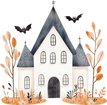 Charming Haunted House Painting With Adorable Bats and Autumn Flora png