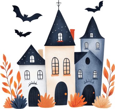 Whimsical Haunted Village with Bats and Autumn Foliage png