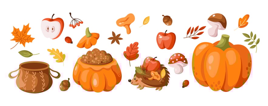 Cozy autumn and Halloween elements 2D cartoon objects set. Warm clothes and tasty food for fall season decoration flat line icons on white background vector