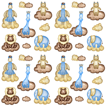 Seamless pattern with angel, lion, girafffe, cat, elephant clouds, moon and stars. Watercolor illustration. Creative childish texture for fabric, wrapping, textile, wallpaper, apparel. png