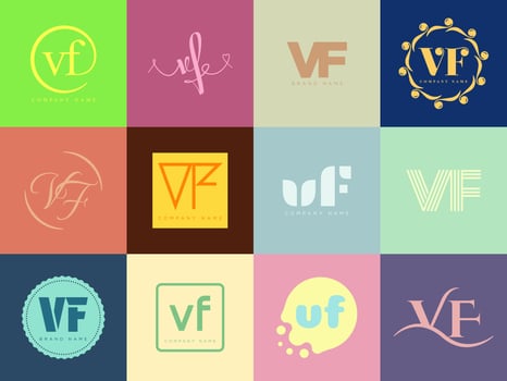 VF logo company template. Letter v and f logotype. Set different classic serif lettering and modern bold text with design elements. Initial font typography. vector