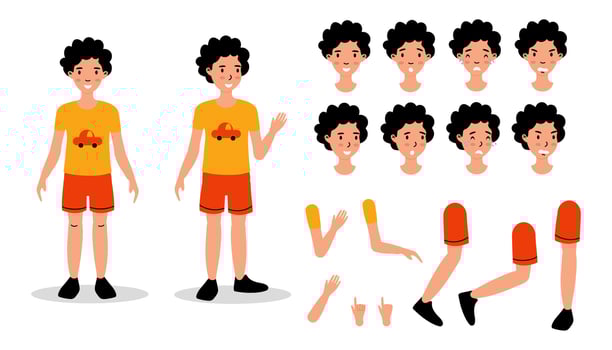 A character design sheet featuring a young boy in shorts with various facial expressions and poses vector