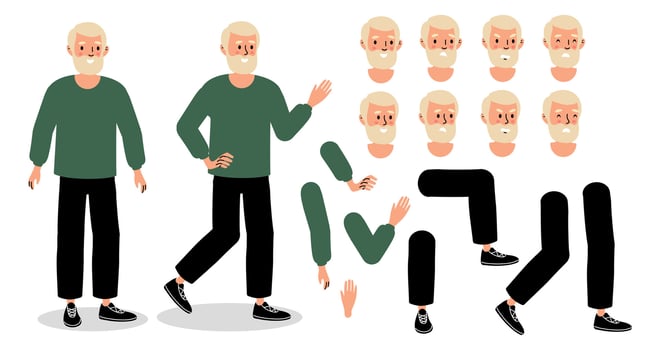 A variety of illustrated characters showcasing an elderly man in different poses, expressions, and seasonal attire vector