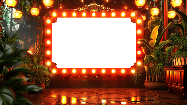 CASINO Mockup Bright and glowing neon red and yellow lights. Casino hall. Poker club. Mock-up. Empty board photo frame. Colorful illustration. . png