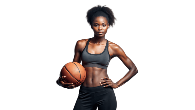 Athletic Black woman with a basketball, poised and ready to play, showcasing strength and confidence png