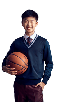 Young Asian male basketball player in uniform, smiling with basketball in hand png