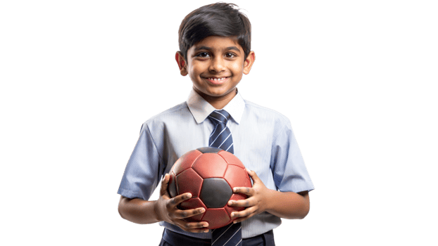 Young South Asian boy in casual attire holding a football, smiling against a transparent background png
