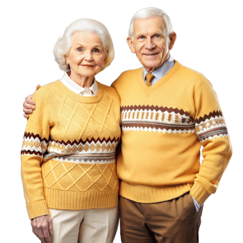 Elderly couple in stylish sweaters, affectionately linked arm in arm, exuding warmth and companionship png