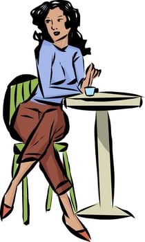 A dark-haired adult girl in a cafe at a table drinks coffee and looks around. illustration A young girl in a blue blouse and brown breeches is sitting at a table on a green chair. vector