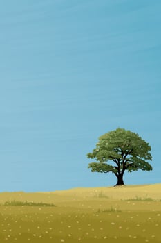 Minimalist flower field landscape and big tree with blue sky vertical background graphic illustrated have blank space. vector