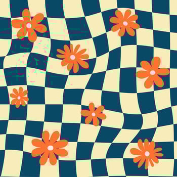 psychedelic retro checkerboard with daisy social media backgrounds set. Groovy wavy y2k checkered prints vector