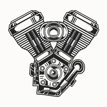 Illustration of vintage v twin engine, hand drawn, monochrome style vector