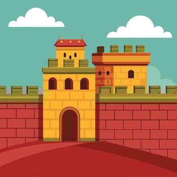 An illustration of a castle with a gate and a tower vector